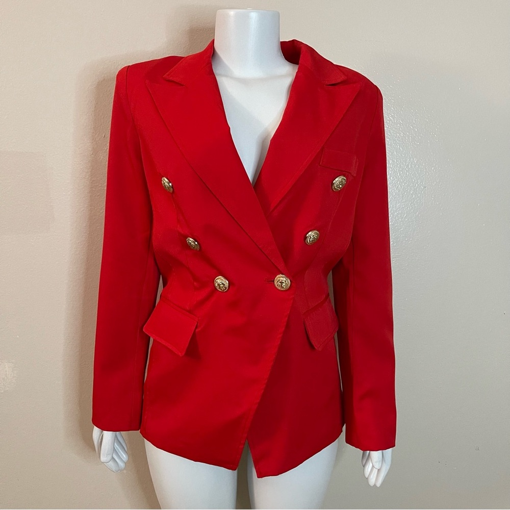 Red lapel collar  womens blazer with metal buttons decor
